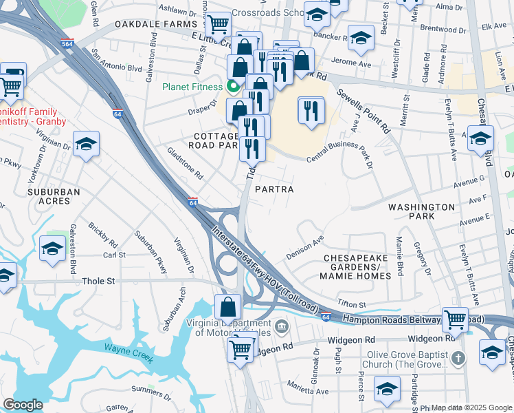 map of restaurants, bars, coffee shops, grocery stores, and more near 711 Easy Street in Norfolk