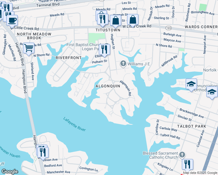 map of restaurants, bars, coffee shops, grocery stores, and more near 1061 North Shore Road in Norfolk