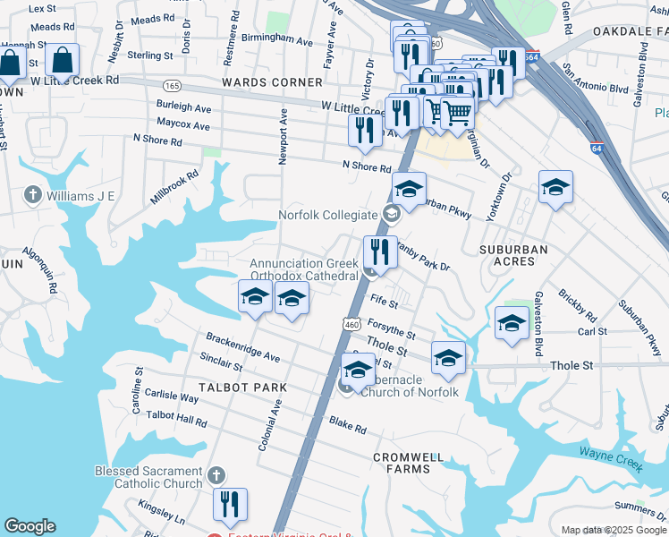 map of restaurants, bars, coffee shops, grocery stores, and more near 7217 Remsen Street in Norfolk