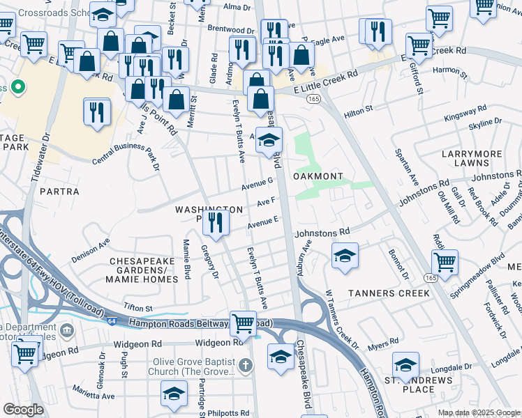 map of restaurants, bars, coffee shops, grocery stores, and more near 1017 Avenue F in Norfolk