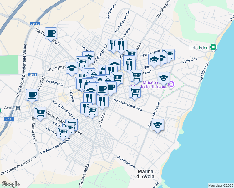 map of restaurants, bars, coffee shops, grocery stores, and more near 54 Via Luigi Capuana in Avola