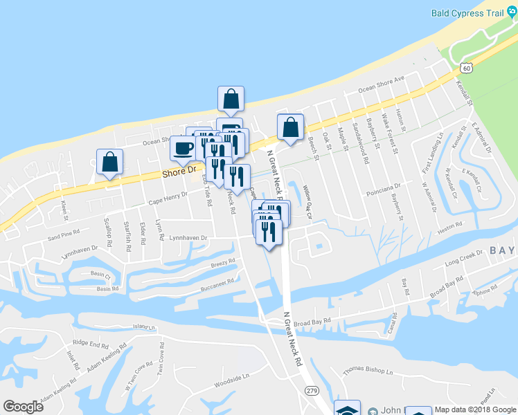 map of restaurants, bars, coffee shops, grocery stores, and more near 2392 Cape Arbor Drive in Virginia Beach