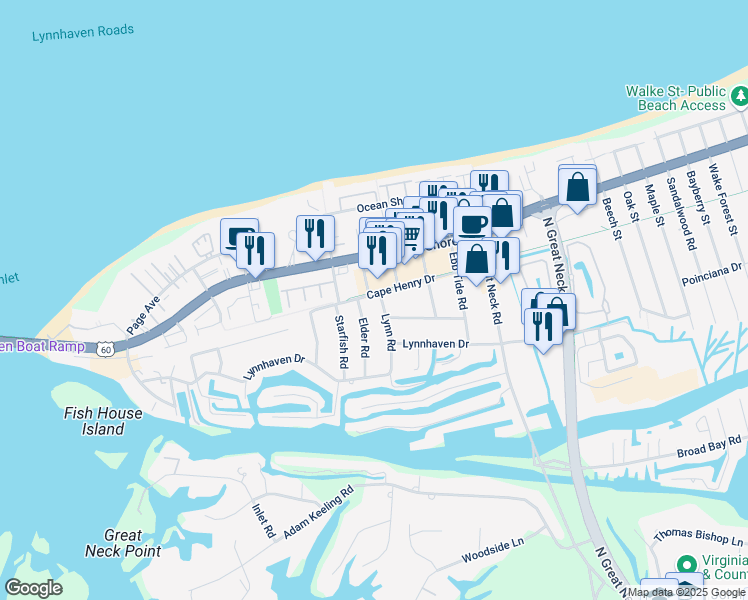 map of restaurants, bars, coffee shops, grocery stores, and more near 3001 Cape Henry Drive in Virginia Beach