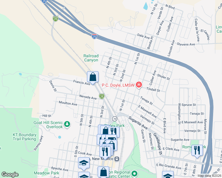 map of restaurants, bars, coffee shops, grocery stores, and more near 237 West Tenaja Street in Raton