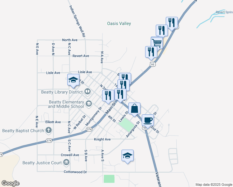 map of restaurants, bars, coffee shops, grocery stores, and more near 105 North 2nd Street Trailer Park in Beatty