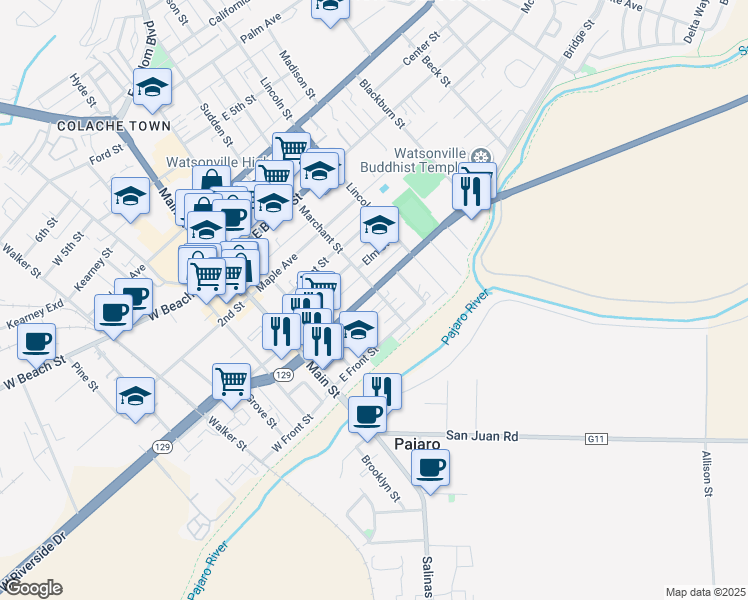 map of restaurants, bars, coffee shops, grocery stores, and more near 158 East Riverside Drive in Watsonville