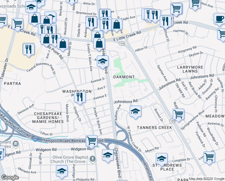 map of restaurants, bars, coffee shops, grocery stores, and more near 7226 Chesapeake Boulevard in Norfolk