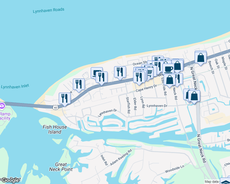 map of restaurants, bars, coffee shops, grocery stores, and more near 3043 Cape Henry Court in Virginia Beach