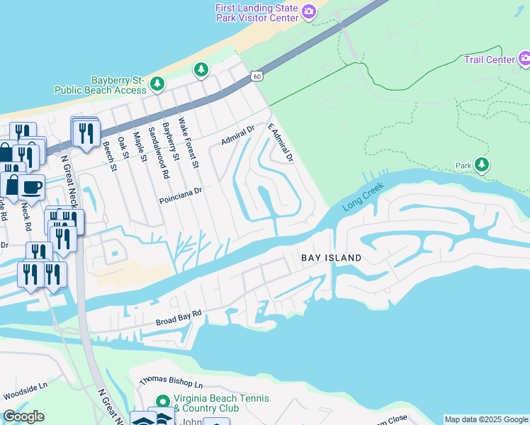 map of restaurants, bars, coffee shops, grocery stores, and more near 2104 West Kendall Circle in Virginia Beach