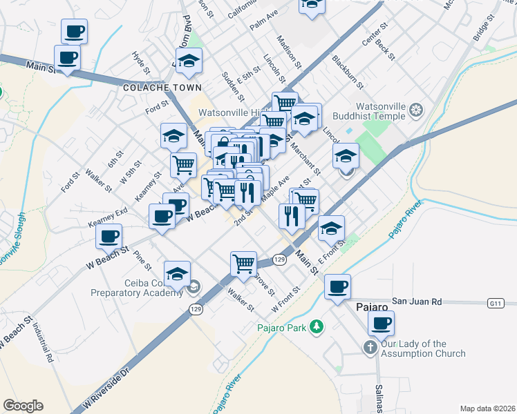 map of restaurants, bars, coffee shops, grocery stores, and more near 287 Main Street in Watsonville