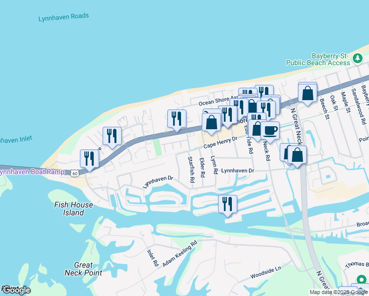 map of restaurants, bars, coffee shops, grocery stores, and more near 3087 Cape Henry Court in Virginia Beach