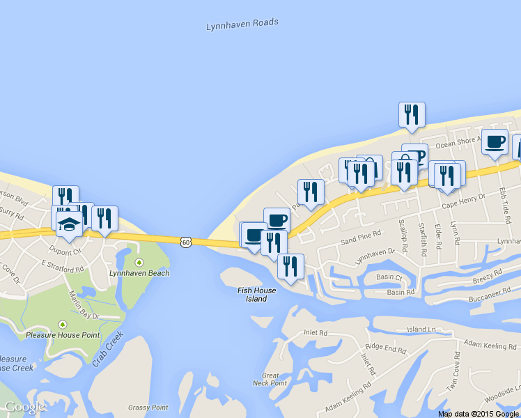 map of restaurants, bars, coffee shops, grocery stores, and more near 3288 Page Avenue in Virginia Beach