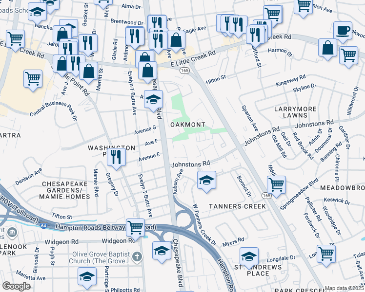 map of restaurants, bars, coffee shops, grocery stores, and more near 7243 North Rosemont Drive in Norfolk