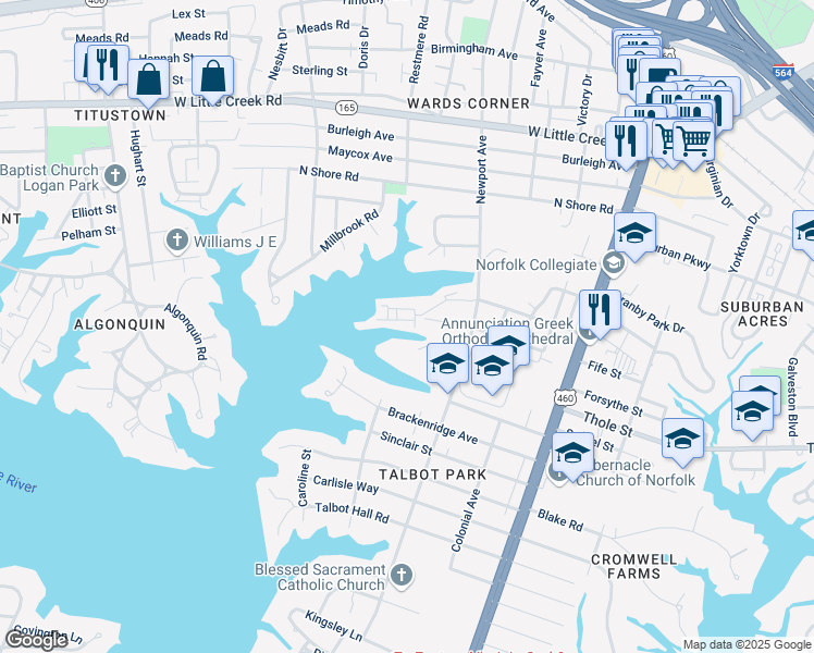 map of restaurants, bars, coffee shops, grocery stores, and more near 7141 Newport Avenue in Norfolk