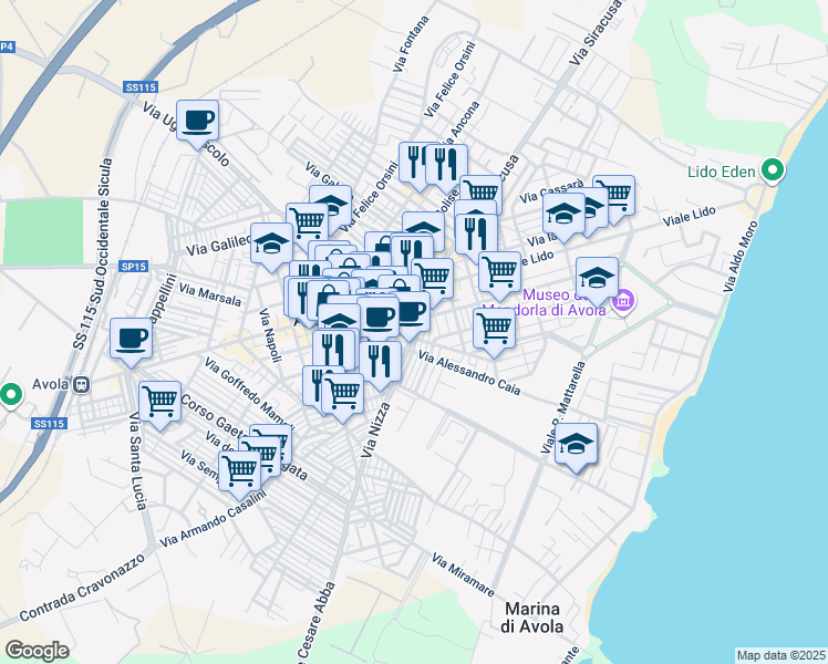 map of restaurants, bars, coffee shops, grocery stores, and more near 54 Via Luigi Capuana in Avola