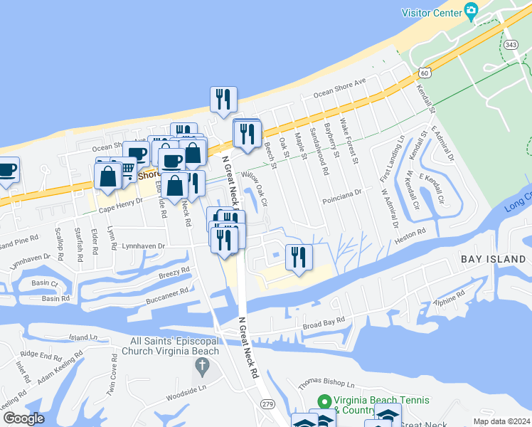 map of restaurants, bars, coffee shops, grocery stores, and more near 2208 Willow Oak Circle in Virginia Beach