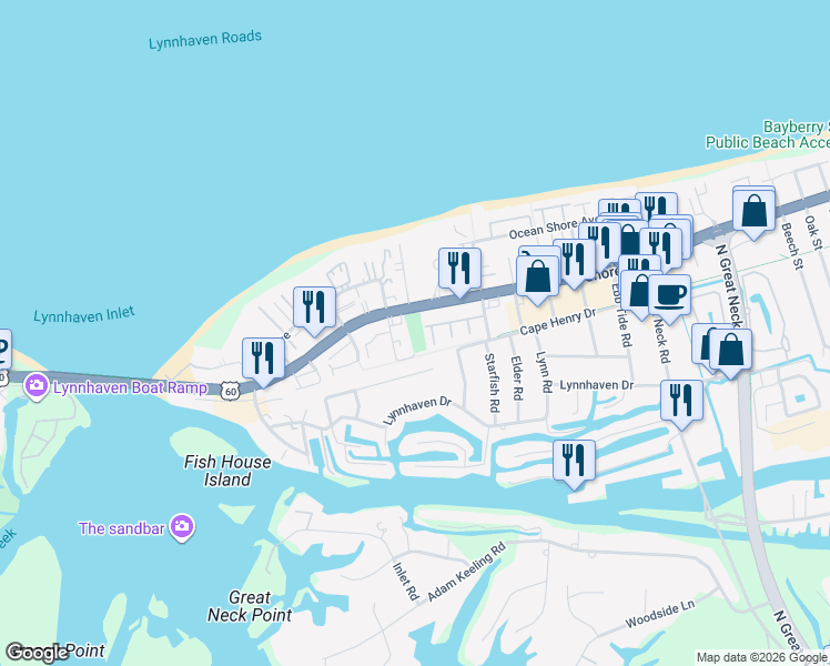 map of restaurants, bars, coffee shops, grocery stores, and more near 3140 Cape Henry Dr in Virginia Beach