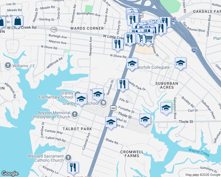map of restaurants, bars, coffee shops, grocery stores, and more near 7217 Remsen Street in Norfolk