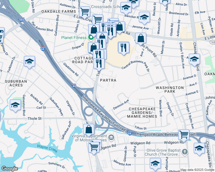 map of restaurants, bars, coffee shops, grocery stores, and more near 7433 Fenner Street in Norfolk