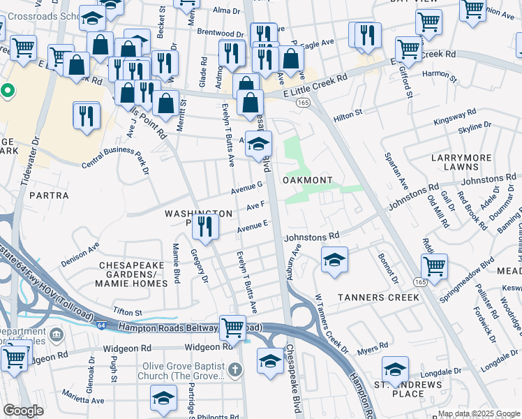 map of restaurants, bars, coffee shops, grocery stores, and more near 1033 Avenue F in Norfolk