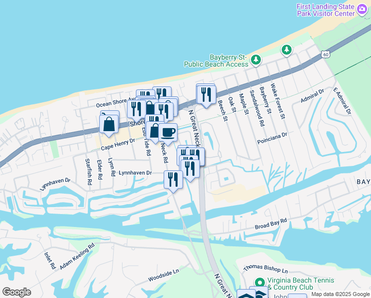 map of restaurants, bars, coffee shops, grocery stores, and more near 2385 Cape Arbor Drive in Virginia Beach