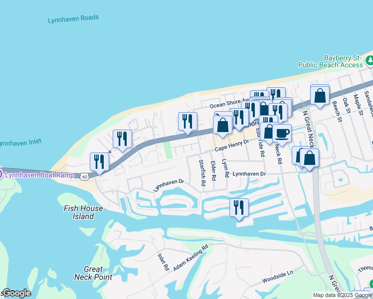 map of restaurants, bars, coffee shops, grocery stores, and more near 3031 Cape Henry Court in Virginia Beach