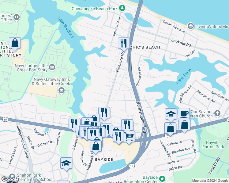 map of restaurants, bars, coffee shops, grocery stores, and more near 4792 Dadson Court in Virginia Beach
