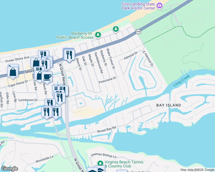 map of restaurants, bars, coffee shops, grocery stores, and more near 2200 Maple Street in Virginia Beach