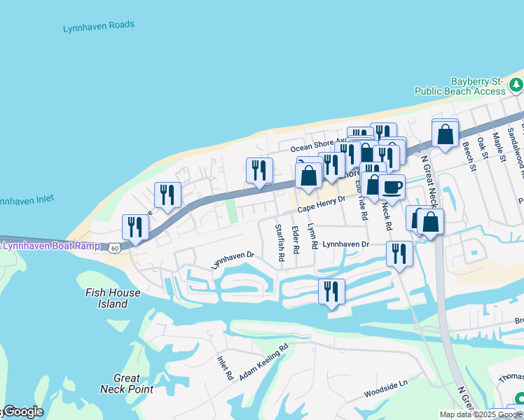 map of restaurants, bars, coffee shops, grocery stores, and more near 3087 Cape Henry Court in Virginia Beach
