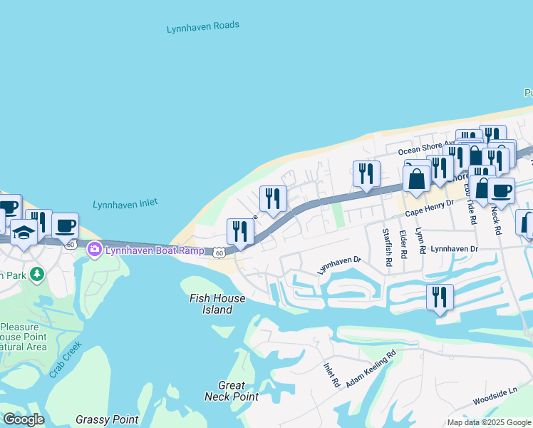 map of restaurants, bars, coffee shops, grocery stores, and more near 3235 Page Avenue in Virginia Beach