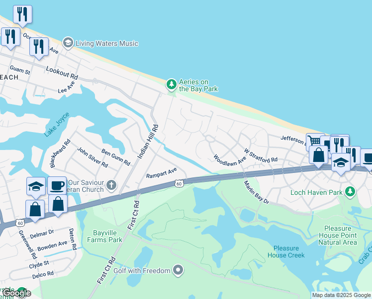 map of restaurants, bars, coffee shops, grocery stores, and more near 2200 Wood Ibis Way in Virginia Beach