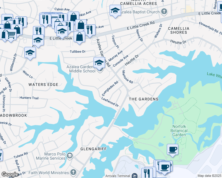 map of restaurants, bars, coffee shops, grocery stores, and more near 2417 Everglades Road in Norfolk