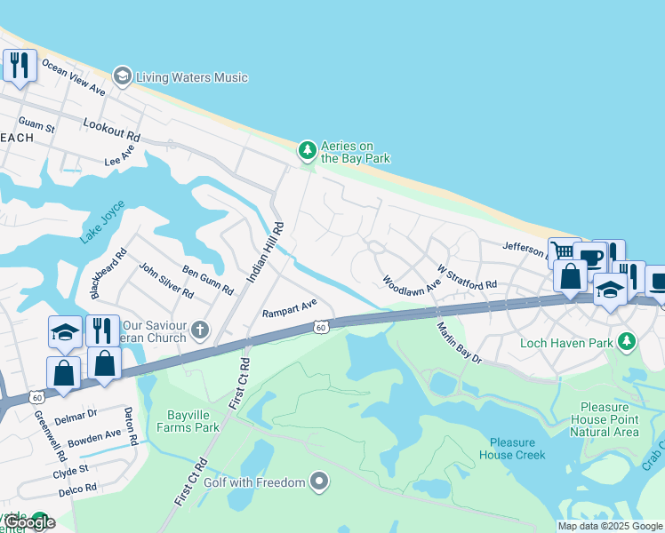 map of restaurants, bars, coffee shops, grocery stores, and more near 2200 Wood Ibis Way in Virginia Beach