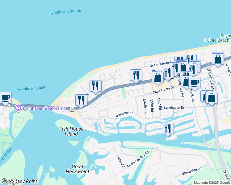 map of restaurants, bars, coffee shops, grocery stores, and more near 2229 Kleen Street in Virginia Beach