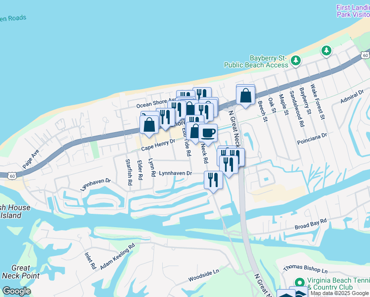 map of restaurants, bars, coffee shops, grocery stores, and more near 2229 Ebb Tide Road in Virginia Beach