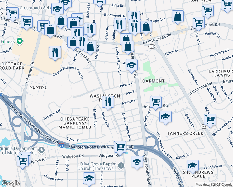 map of restaurants, bars, coffee shops, grocery stores, and more near 975 Avenue F in Norfolk