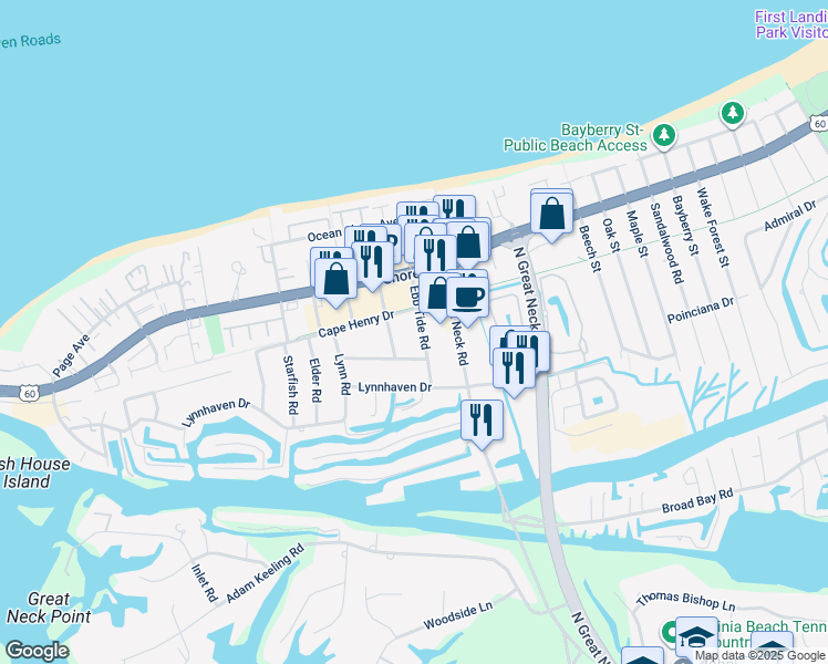 map of restaurants, bars, coffee shops, grocery stores, and more near 2229 Ebb Tide Road in Virginia Beach