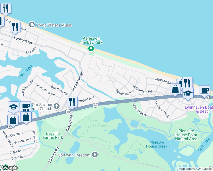 map of restaurants, bars, coffee shops, grocery stores, and more near 2221 Sunvista Drive in Virginia Beach