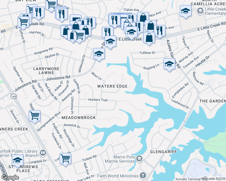 map of restaurants, bars, coffee shops, grocery stores, and more near 1925 Grayfalcon Drive in Norfolk