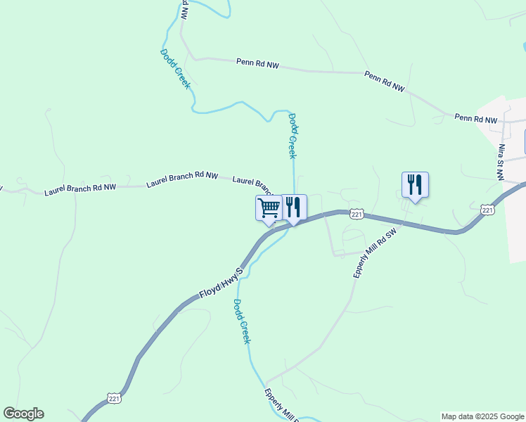 map of restaurants, bars, coffee shops, grocery stores, and more near 182 Laurel Branch Road Northwest in Floyd