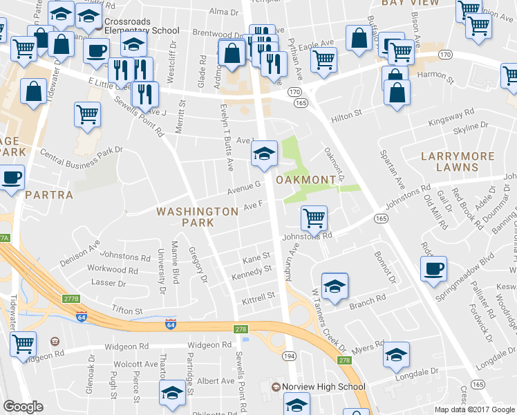 map of restaurants, bars, coffee shops, grocery stores, and more near 1033 Avenue F in Norfolk