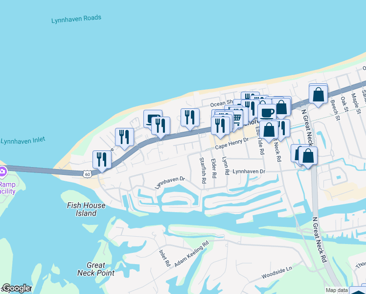 map of restaurants, bars, coffee shops, grocery stores, and more near 3029 Cape Henry Court in Virginia Beach