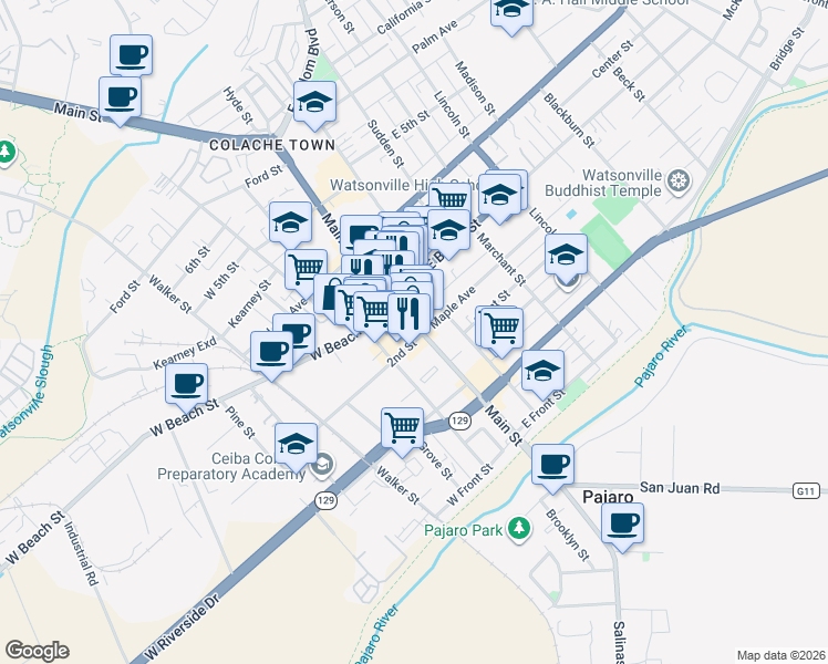 map of restaurants, bars, coffee shops, grocery stores, and more near 311 Main Street in Watsonville