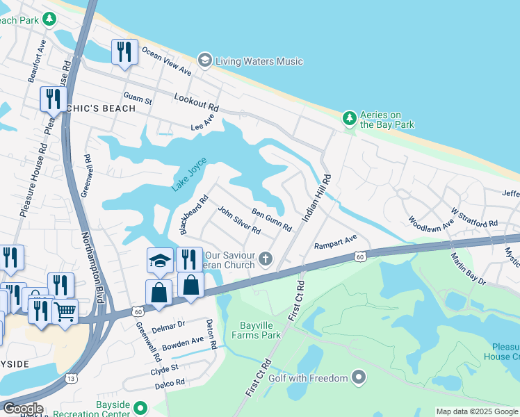 map of restaurants, bars, coffee shops, grocery stores, and more near 4224 Ben Gunn Road in Virginia Beach
