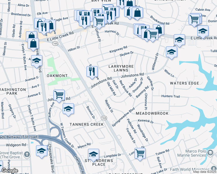 map of restaurants, bars, coffee shops, grocery stores, and more near 7017 Old Mill Road in Norfolk