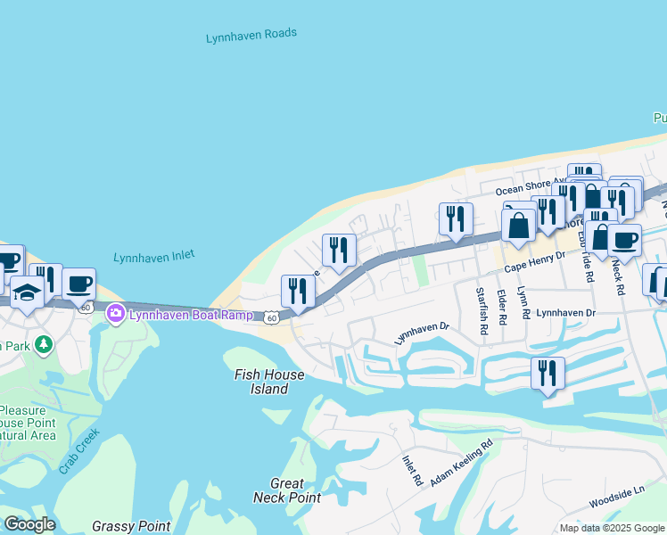 map of restaurants, bars, coffee shops, grocery stores, and more near 3221 Page Avenue in Virginia Beach