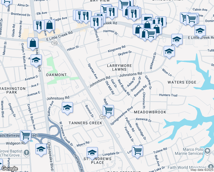map of restaurants, bars, coffee shops, grocery stores, and more near 7017 Old Mill Road in Norfolk
