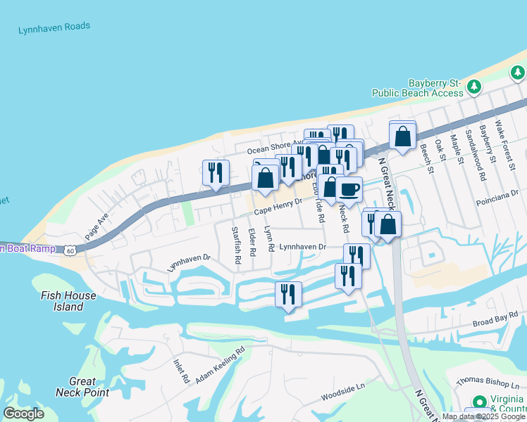 map of restaurants, bars, coffee shops, grocery stores, and more near Cape Henry Drive in Virginia Beach