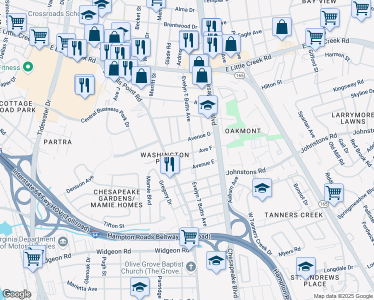 map of restaurants, bars, coffee shops, grocery stores, and more near 975 Avenue F in Norfolk