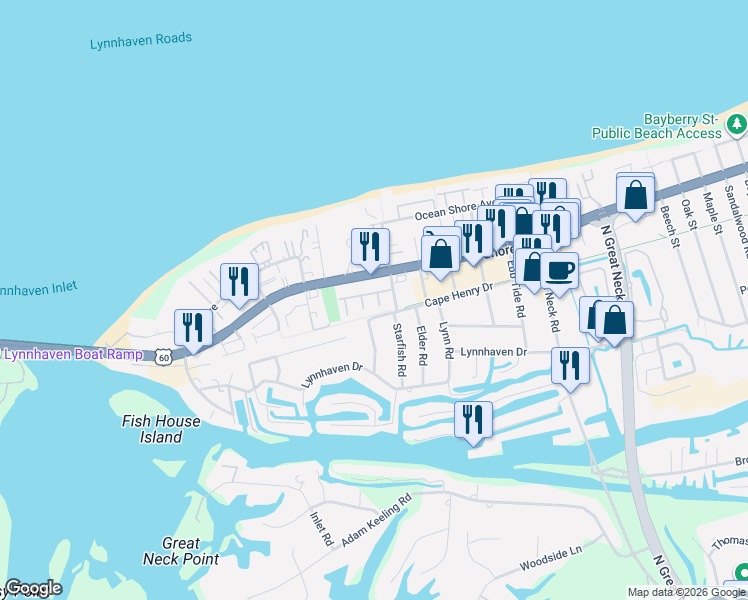 map of restaurants, bars, coffee shops, grocery stores, and more near 3029 Cape Henry Court in Virginia Beach